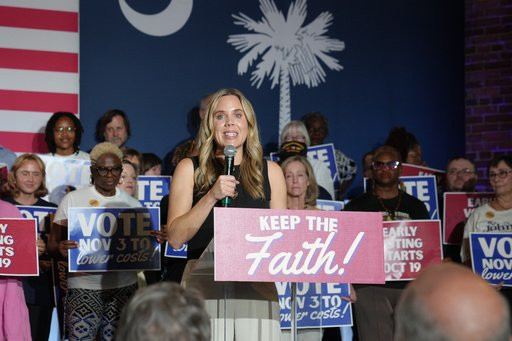 Dr. Annie Andrews, Democratic nominee for U.S. Senate, participates in a Get Out the Vote rally with other Democratic nominees in the midterm elections Friday, Oct. 16, 2026, in Columbia, S.C. (AP Photo/Meg Kinnard)