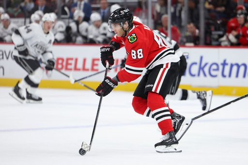 Chicago Blackhawks right wing Patrick Kane (88) skates with the puck during the first period of an NHL hockey game against the Los Angeles Kings, Tuesday, Oct. 27, 2026, in Chicago. (AP Photo/Jessie Alcheh)