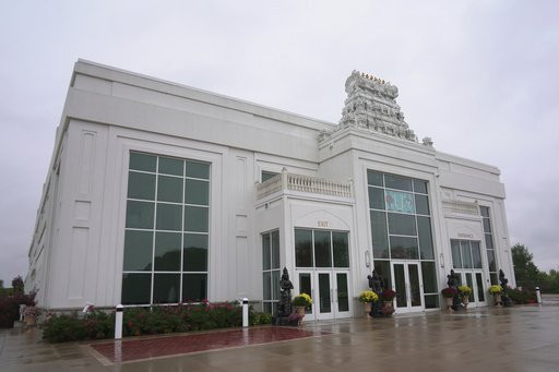 The front of Sri Venkateswara Swami (Balaji) Temple is seen in Aurora, Ill., Thursday, Oct. 15, 2026. (AP Photo/Laura Bargfeld)
