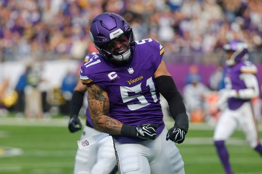 Minnesota Vikings linebacker Blake Cashman (51) reacts after a blocked pass during the first half of an NFL football game against the Indianapolis Colts in Minneapolis, Sunday, Oct. 25, 2026. (AP Photo/Bruce Kluckhohn)