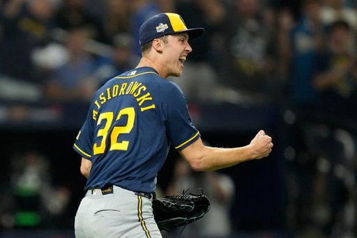 Milwaukee Brewers pitcher Jacob Misiorowski celebrates the end of the fourth inning of Game 5 of baseball's World Series, Wednesday, Oct. 28, 2026, in St. Petersburg, Fla., between the Milwaukee Brewers and the Tampa Bay Rays. (AP Photo/Ashley Landis)