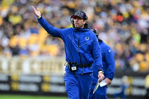 Indianapolis Colts head coach Shane Steichen gestures during the first half of an NFL football game against the Pittsburgh Steelers in Pittsburgh, Sunday, Oct. 11, 2026. (AP Photo/David Dermer )