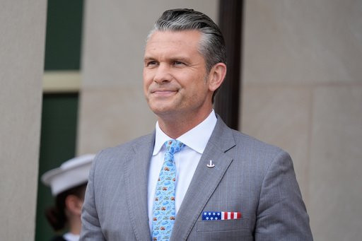 Secretary of Defense Pete Hegseth waits to welcome Britain's Defense Secretary Wes Streeting to the Pentagon during an arrival ceremony, Thursday, Oct 15, 2026, in Washington. (AP Photo/Manuel Balce Ceneta)