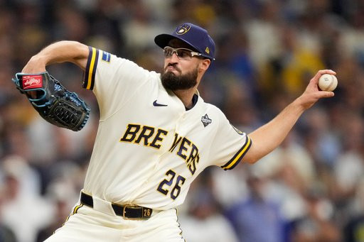 Milwaukee Brewers pitcher Aaron Ashby throws during the eighth inning of Game 2 of baseball's World Series, Saturday, Oct. 24, 2026, in Milwaukee, between the Milwaukee Brewers and the Tampa Bay Rays. (AP Photo/Ashley Landis)