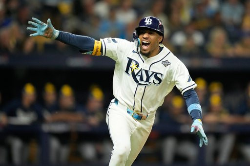 Tampa Bay Rays' Chandler Simpson celebrates during the 12th inning of Game 4 of baseball's World Series, Wednesday, Oct. 28, 2026, in St. Petersburg, Fla., between the Milwaukee Brewers and the Tampa Bay Rays. (AP Photo/Ashley Landis)