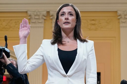 FILE - Cassidy Hutchinson, former aide to Trump White House chief of staff Mark Meadows, is sworn in before she testifies before the House select committee investigating the Jan. 6 attack, at the Capitol in Washington, June 28, 2022. (AP Photo/Jacquelyn Martin, File)