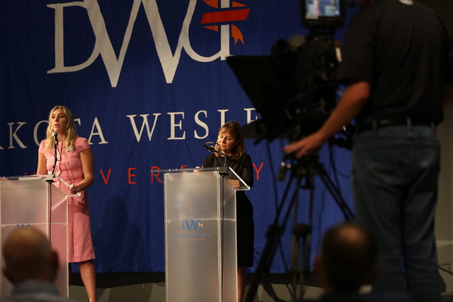 Caroline Woods, left, and Nancy Turbak Berry participate in a forum about an abortion-rights ballot measure on Sept. 19, 2024, at Dakota Wesleyan University in Mitchell. (Joshua Haiar/South Dakota Searchlight)