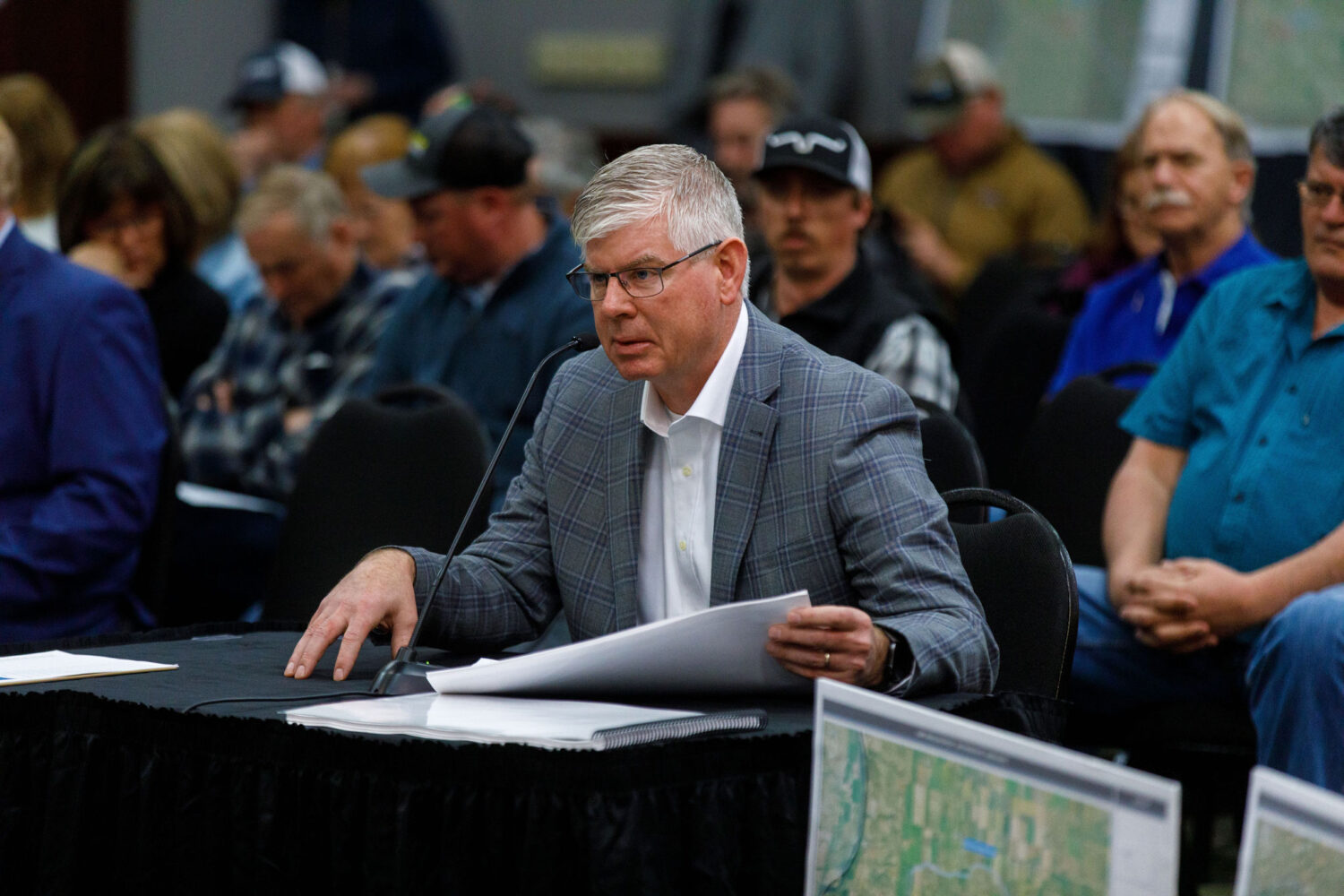 Wade Boeshans, executive vice president of Summit Carbon Solutions, testifies April 22, 2024, in Mandan, North Dakota, during a Public Service Commission hearing. (Kyle Martin/For the North Dakota Monitor)