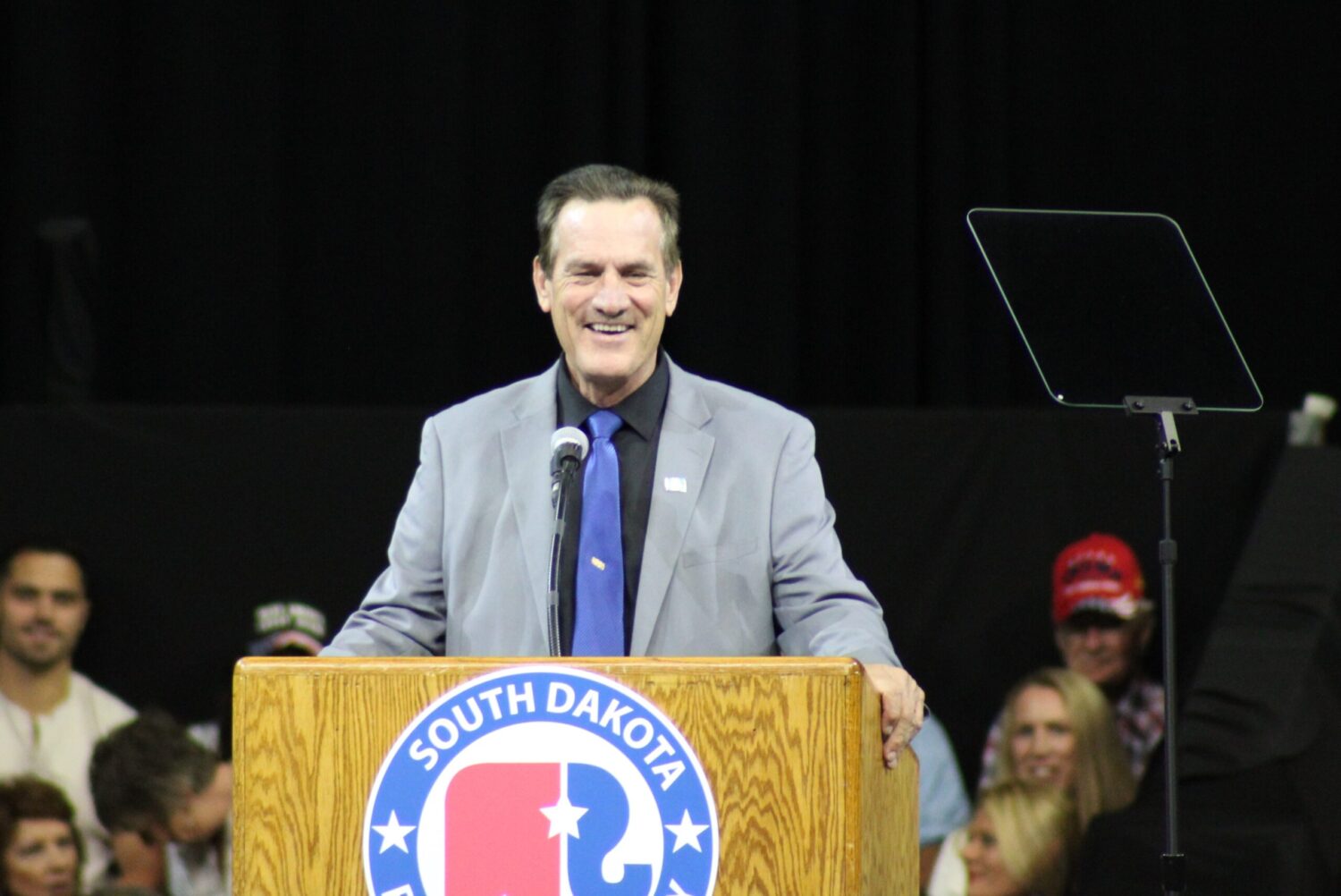 Lt. Gov. Larry Rhoden speaks during a rally featuring former President Donald Trump on Sept. 8, 2023, at The Monument in Rapid City. (Seth Tupper/South Dakota Searchlight)