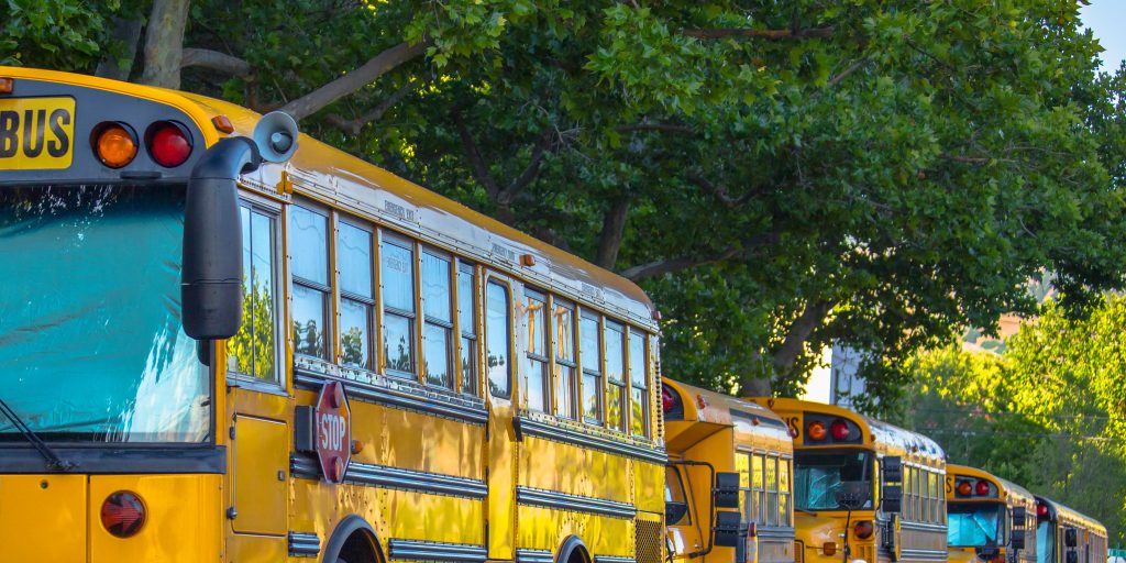 Row of school buses parked on the street