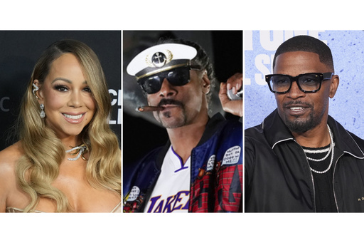 This combination of photos shows Mariah Carey at the third annual Recording Academy Honors in Los Angeles on Feb. 1, 2024. left, Snoop Dogg at an appearance in Ventura, Calif on Oct. 2, 2020, center, .and Jamie Foxx at the Los Angeles premiere of "Number One on the Call Sheet," on March 12, 2025. (AP Photo)