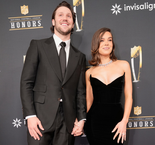 FILE - Josh Allen, of the Buffalo Bills, and his fiancé, Hailee Steinfeld, pose on the red carpet at the NFL Honors award show ahead of the Super Bowl 59 football game, Thursday, Feb. 6, 2025, in New Orleans. (AP Photo/Gerald Herbert, File)