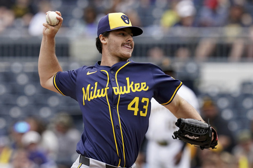 Milwaukee Brewers pitcher Logan Henderson delivers during the first inning of a baseball game against the Pittsburgh Pirates Sunday, May 25, 2025, in Pittsburgh. (AP Photo/Matt Freed)
