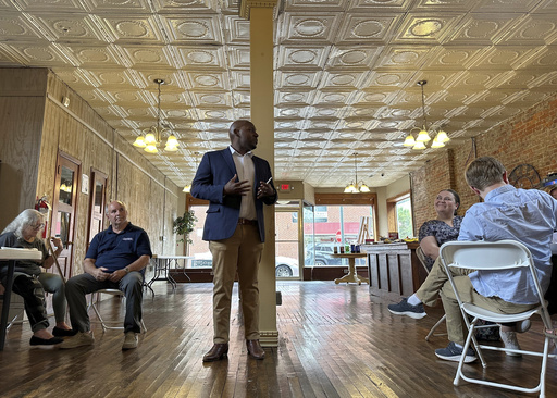 Kentucky Democratic Party Chairman Colmon Elridge addresses a "Rural Listening Tour" gathering in Paintsville, Ky., Friday, May 16, 2025. (AP Photo/Bill Barrow)