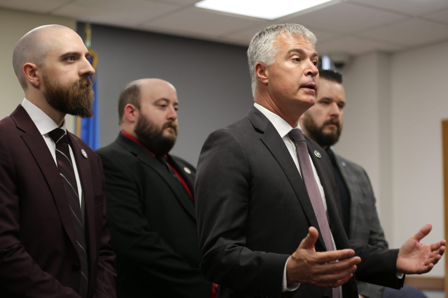 South Dakota Attorney General Marty Jackley speaks during a press conference following the end of a three-day trial on April 4, 2025, in Pierre. Behind him, from left, are South Dakota Division of Criminal Investigation agent Trevor Swanson, prosecutor Nolan Welker and Division of Criminal Investigation agent Matt Glenn. (Joshua Haiar/South Dakota Searchlight)