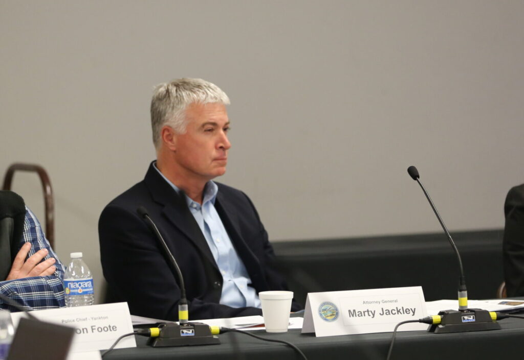 Attorney General Marty Jackley listens to testimony at a Project Prison Reset meeting on April 29, 2025, in Springfield. (John Hult/South Dakota Searchlight)