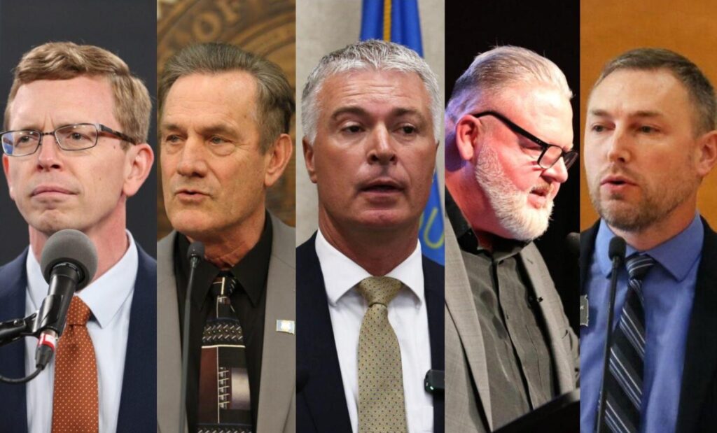 From left, U.S. Rep. Dusty Johnson, Gov. Larry Rhoden, Attorney General Marty Jackley, Aberdeen businessman Toby Doeden and state House Speaker Jon Hansen. (South Dakota Searchlight photos)