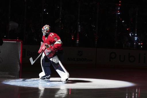 Florida Panthers goaltender Sergei Bobrovsky (72) is introduced before Game 3 of the NHL hockey Stanley Cup Eastern Conference finals against the Carolina Hurricanes Saturday, May 24, 2025, in Sunrise, Fla. (AP Photo/Lynne Sladky)