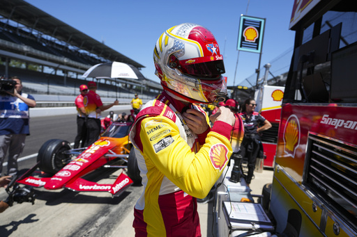 Josef Newgarden prepares to drive during practice for the Indianapolis 500 auto race at Indianapolis Motor Speedway in Indianapolis, Sunday, May 18, 2025. (AP Photo/Michael Conroy)