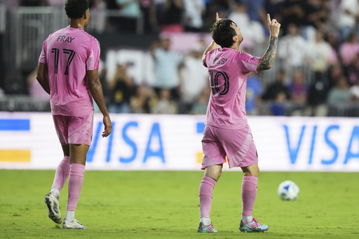 Inter Miami forward Lionel Messi (10) reacts after scoring a goal during the first half of an MLS soccer match against CF Montreal, Wednesday, May 28, 2025, in Fort Lauderdale, Fla. (AP Photo/Lynne Sladky)