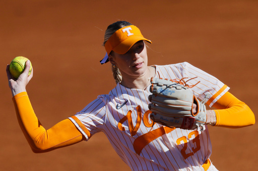 FILE - Tennessee pitcher Karlyn Pickens (23) warms up before an NCAA college softball game against Delaware State on Friday, Feb. 28, 2025, in Knoxville, Tenn. (AP Photo/Mike Buscher, File)