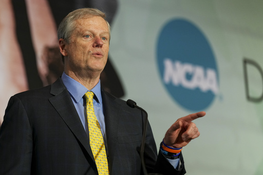 FILE - NCAA President Charlie Baker speaks during the organizations Division I Business Session at their annual convention, Jan. 15, 2025, in Nashville, Tenn. (AP Photo/George Walker IV,File)