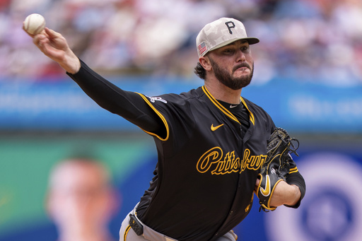 Pittsburgh Pirates starting pitcher Paul Skenes delivers during the first inning of a baseball game against the Philadelphia Phillies, Sunday, May 18, 2025, in Philadelphia. (AP Photo/Chris Szagola)