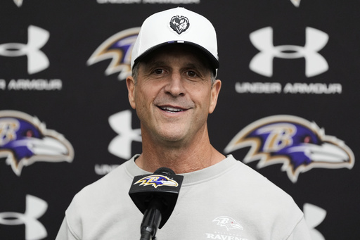 Baltimore Ravens head coach John Harbaugh speaks to media after an NFL team practice, Wednesday, May 28, 2025, at the Under Armour Performance Center in Owings Mills, Md. (AP Photo/Stephanie Scarbrough)