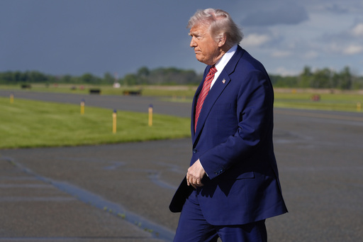 President Donald Trump arrives on Air Force One at Morristown Municipal Airport in Morristown, N.J., Friday, May 23, 2025. (AP Photo/Manuel Balce Ceneta)
