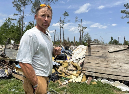 Brian Lowery stands before what remains of his home, which was ripped apart by a tornado, in Tylertown, Miss., on Thursday, May 15, 2025. (AP Photo/Sophie Bates)