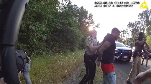 This image from video taken by Huntsville Police Department on May 26, 2025, shows the arrest of two New Orleans inmates who were on the run since their May 16, 2025, jailbreak. (Huntsville Police Department via AP)
