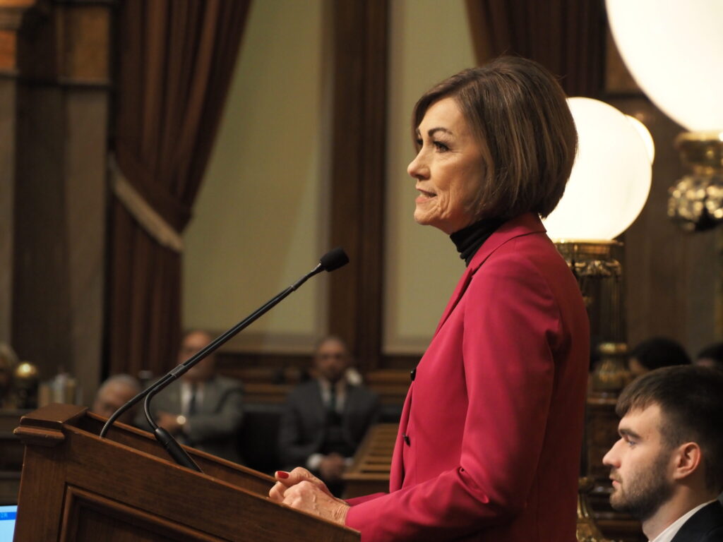 Iowa Gov. Kim Reynolds delivers her Condition of the State Address on Jan. 14, 2025. (Photo by Robin Opsahl/Iowa Capital Dispatch)