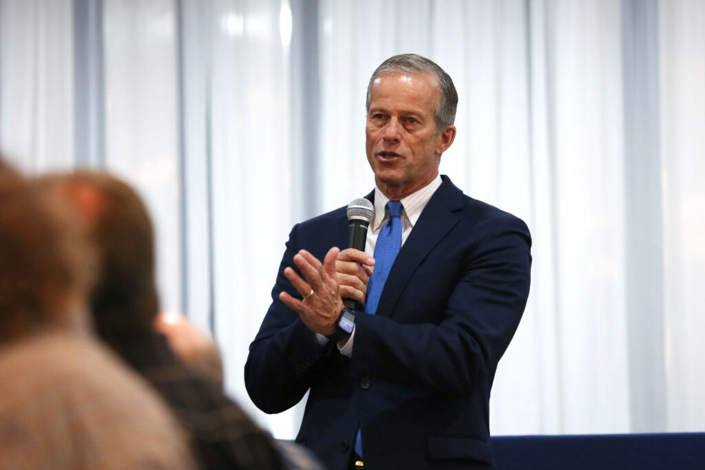 U.S. Sen. John Thune, R-South Dakota, speaks to the Brandon Valley Area Chamber of Commerce on Nov. 26, 2024, in Brandon. (Makenzie Huber/South Dakota Searchlight)