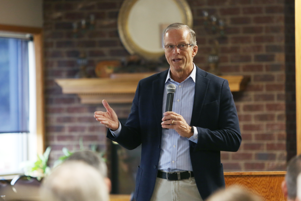 U.S. Senate Majority Leader John Thune, R-South Dakota, speaks to Rotary members on April 17, 2025, at the Elks Lodge in Watertown. (Makenzie Huber/South Dakota Searchlight)