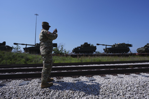 Tanks and other military vehicles are transported via railroad to Washington, D.C. for an upcoming parade for the Army's 250th anniversary, Monday, June 2, 2025, at Fort Cavazos near Killeen, Texas. (AP Photo/Eric Gay)