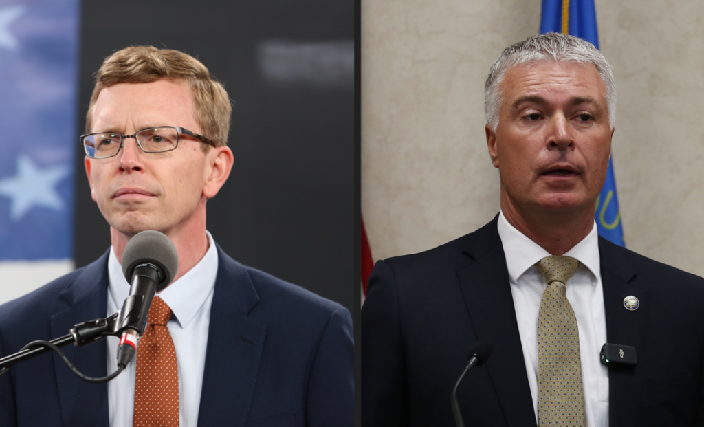 U.S. Rep. Dusty Johnson, R-South Dakota, left, and Republican South Dakota Attorney General Marty Jackley. (South Dakota Searchlight photos)