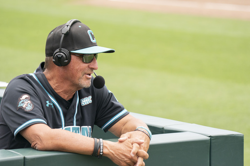 FILE - Coastal Carolina coach Gary Gilmore participates in an interview during an NCAA regional baseball game against Vanderbilt on May 31, 2024, in Clemson, S.C. (AP Photo/Sean Rayford, File)