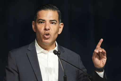 FILE - Rep. Robert Garcia, D-Calif., speaks at the California Democratic Party's 2025 State Convention at the Anaheim Convention Center in Anaheim, Calif., May, 31, 2025. (AP Photo/Damian Dovarganes, File)