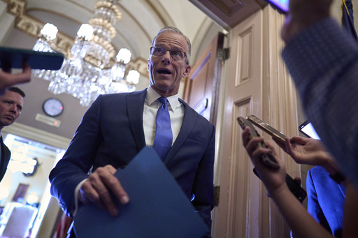 Senate Majority Leader John Thune, R-S.D., pauses in the door of his office to answer questions from reporters about his strategy to advance President Donald Trump's spending and tax bill, at the Capitol in Washington, Monday, June 2, 2025. (AP Photo/J. Scott Applewhite)