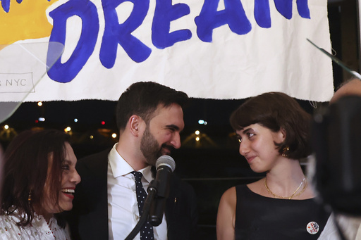 Democratic mayoral candidate Zohran Mamdani appears on stage with his family including his wife, Rama Duwaji, right, at his primary election party, Wednesday, June 25, 2025, in New York. (AP Photo/Heather Khalifa)