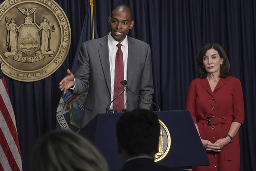 FILE - New York Lt. Gov. Antonio Delgado, left, holds his first news conference with Gov. Kathy Hochul after his swearing in ceremony, making him the state's first person of Latino heritage to serve in statewide office, May 25, 2022, in New York. (AP Photo/Bebeto Matthews, File)