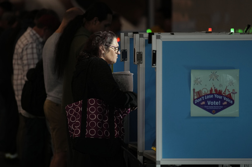 FILE - People vote at the Allegiant Stadium polling place, Nov. 5, 2024, in Las Vegas. (AP Photo/John Locher, File)