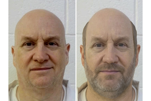 This combo of images provided by the Arkansas Department of Corrections shows an actual photo of inmate Grant Hardin, left, and a photo rendering of the convicted former police chief known as the “Devil in the Ozarks" as the search for the escaped inmate headed into its second week. (Arkansas Department of Corrections via AP)