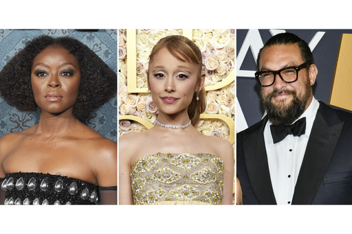 This combination of photos shows actors, from left, Danielle Deadwyler, Ariana Grande and Jason Momoa. (AP Photo)