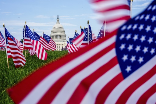 The U.S. Capitol is seen past American flags on the National Mall, Friday, June 6, 2025, on the National Mall in Washington. (AP Photo/Julia Demaree Nikhinson)