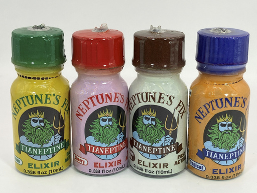 This photo provided by the FDA in January 2024 shows bottles of Neptunes Fix Elixir, a product labeled to contain tianeptine. (FDA Office of Regulatory Affairs, Health Fraud Branch via AP)