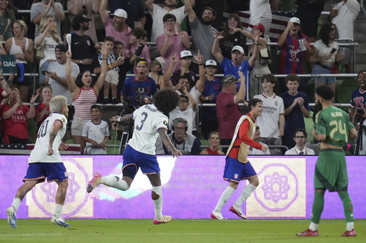 United States' Chris Richards (3) celebrates his goal against Saudi Arabia during a CONCACAF Gold Cup soccer match, Thursday, June 19, 2025, in Austin, Texas. (AP Photo/Eric Gay)