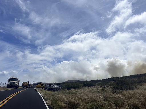 This photo provided by the Maui Fire Department shows smoke from a fire burning in Kahikinui, Hawaii on the island of Maui on Sunday, June 15, 2025. (Maui Fire Department via AP)