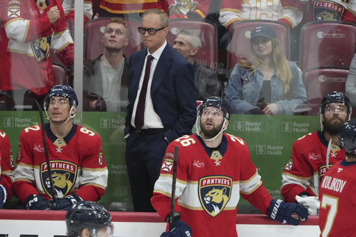 Florida Panthers head coach Paul Maurice reacts during the third period in Game 4 of the NHL hockey Stanley Cup Eastern Conference finals against the Carolina Hurricanes, Monday, May 26, 2025, in Sunrise, Fla. (AP Photo/Lynne Sladky)