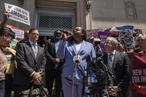 Rep. LaMonica Mclver (D-10th) speaks during a press conference with her supporters outside a federal court Wednesday, June 25, 2025, in Newark, N.J. (AP Photo/Yuki Iwamura)